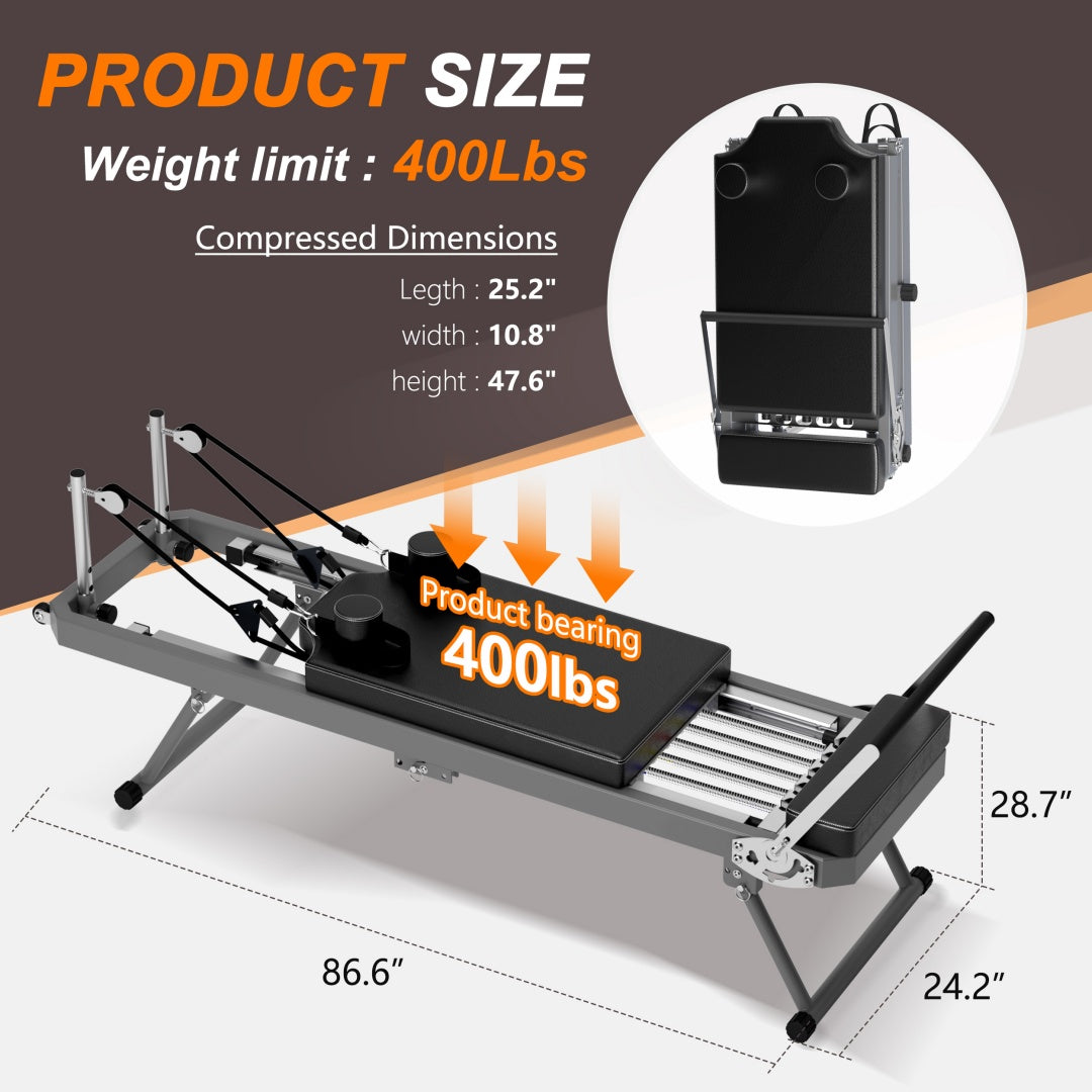 Foldable Pilates Core Bed in black, designed for home and commercial use, featuring a weight capacity of 330.5 lbs and double resistance with elastic cord - TNT Fitness Gear