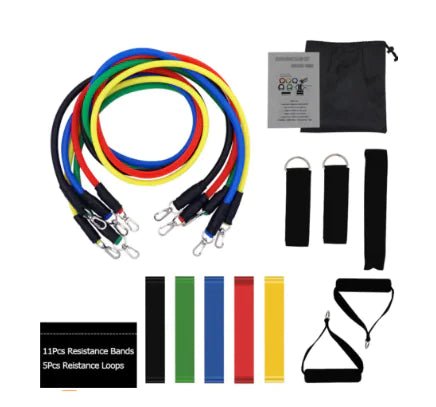 11PC Fitness Tubes and Bands Set designed to enhance strength, flexibility, and overall fitness for all levels. Includes durable resistance tubes with adjustable levels and color-coded bands for progressive training. Lightweight, portable, and versatile, complete with a carrying bag for easy workouts at home or on the go.- TNT Fitness Gear