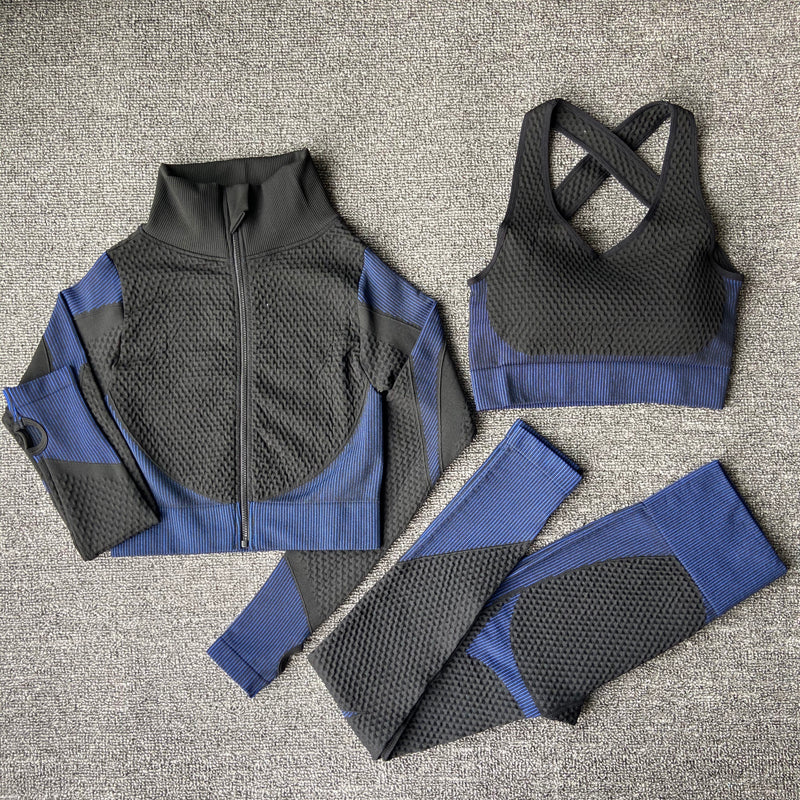 Blue and black women’s matching workout set flat lay