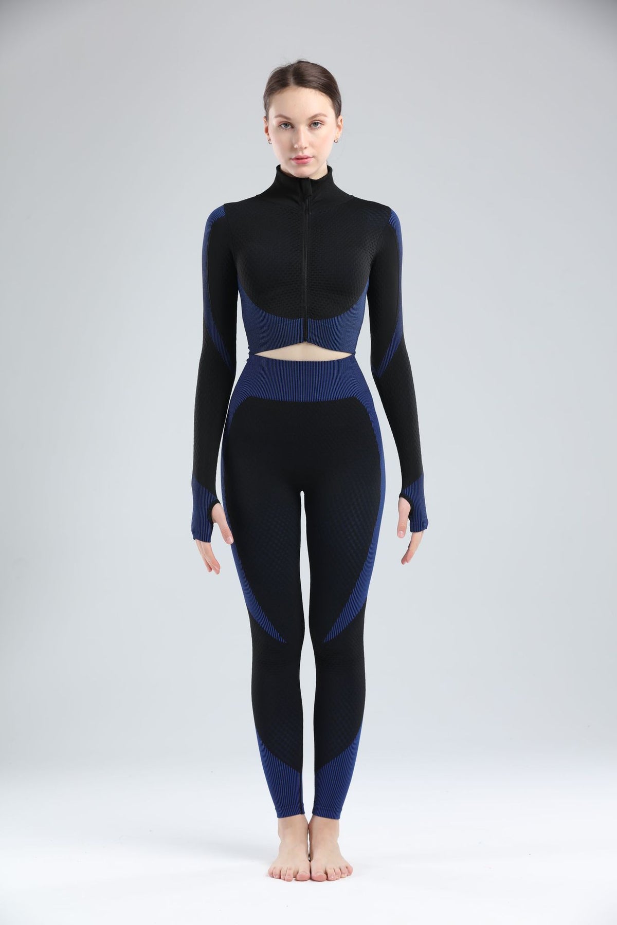 Black and blue women’s Jacket and high waisted leggings set