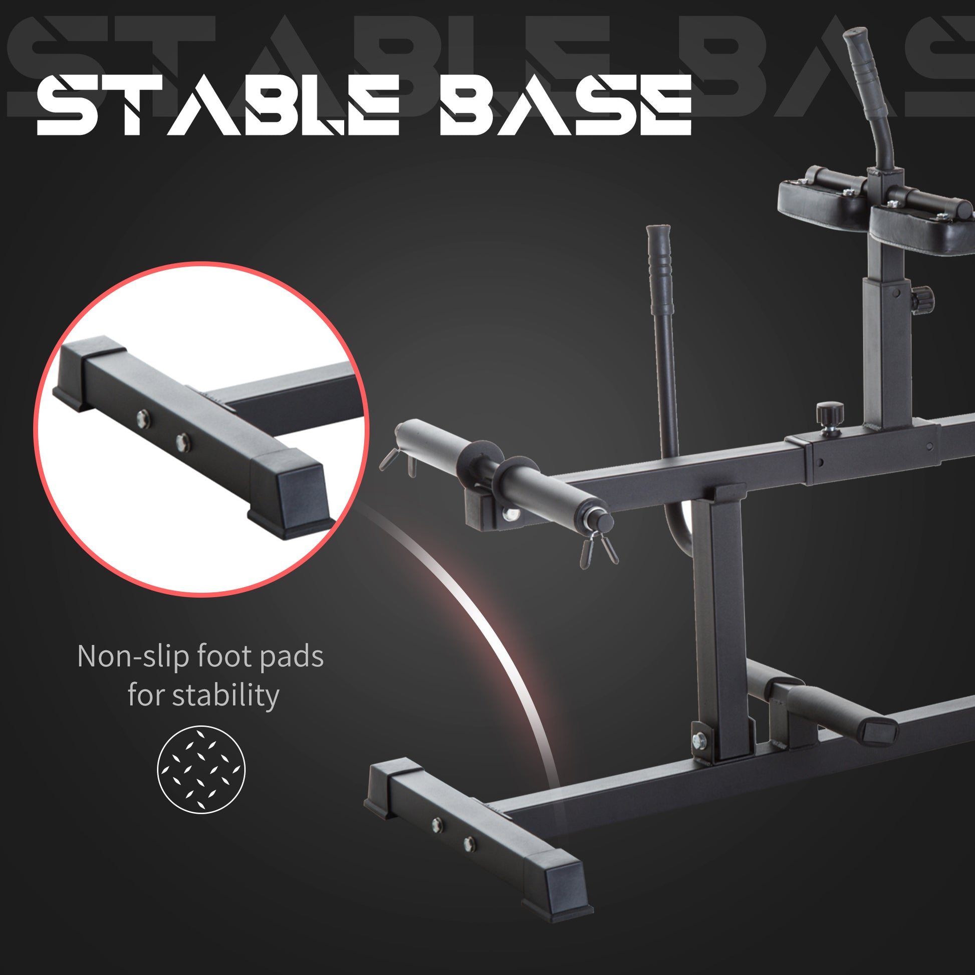 Stable base with non-slip foot pads for stability on a dark background- TNT Fitness Gear