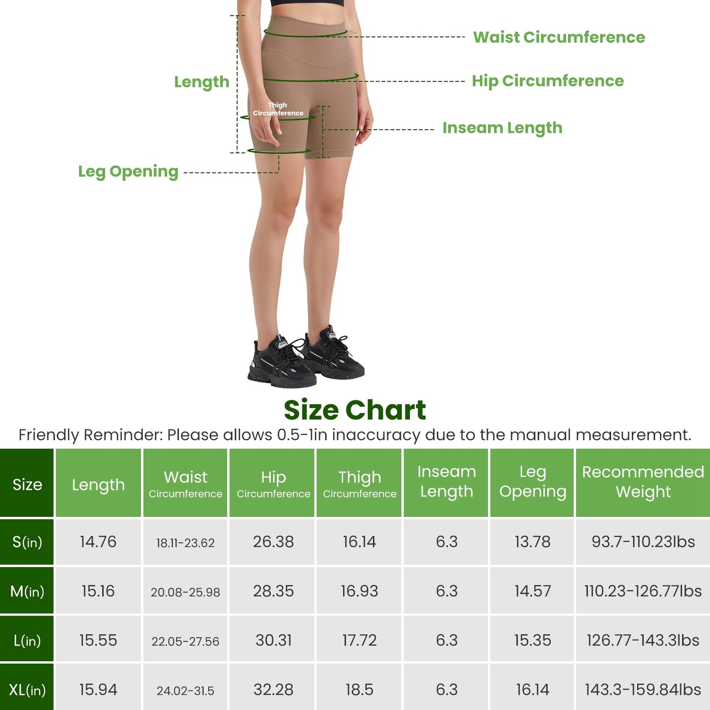 size chart for the high-waisted training biker shorts during workout movement