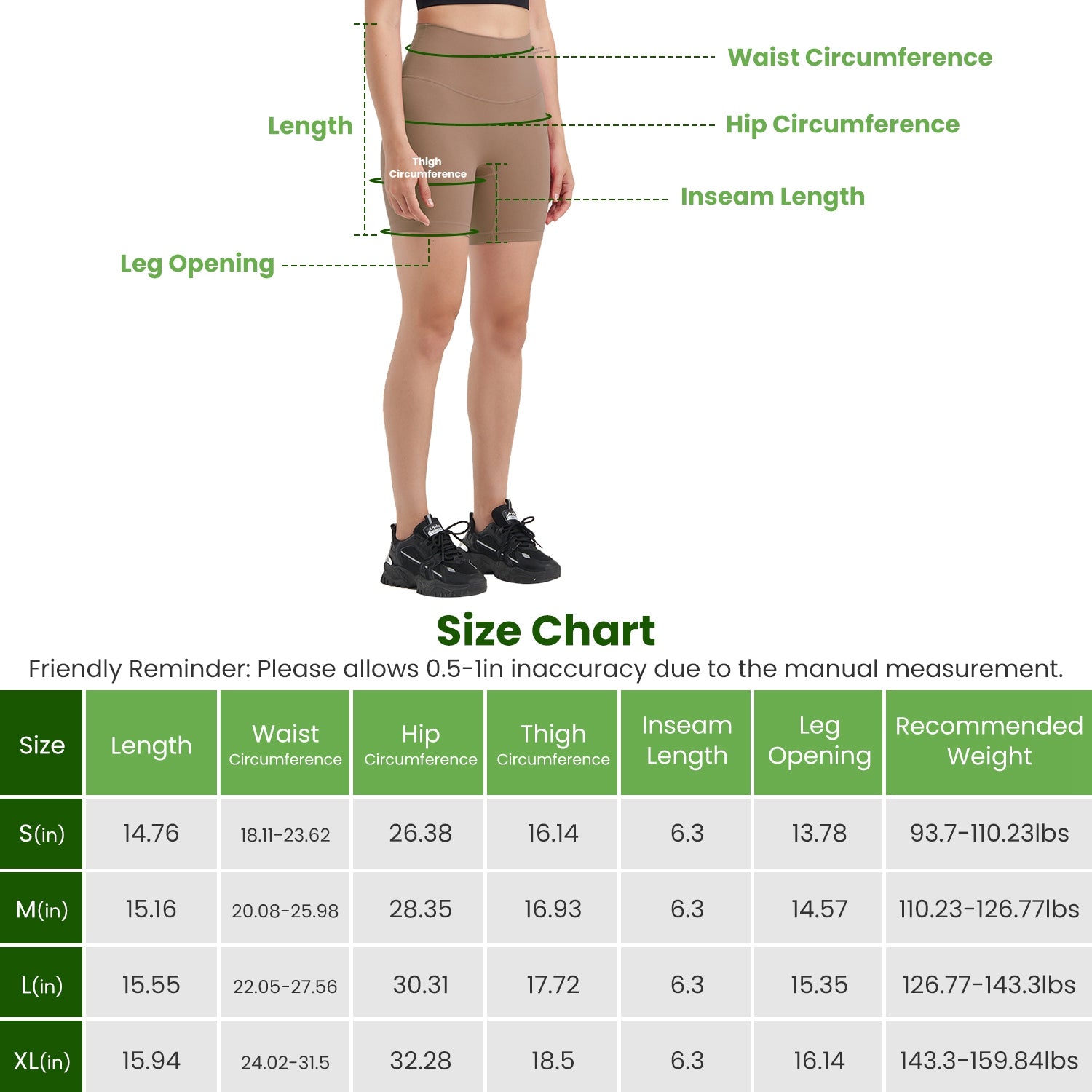 size chart for the high-waisted training biker shorts during workout movement