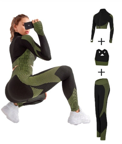 Woman modeling green and black women’s workout set