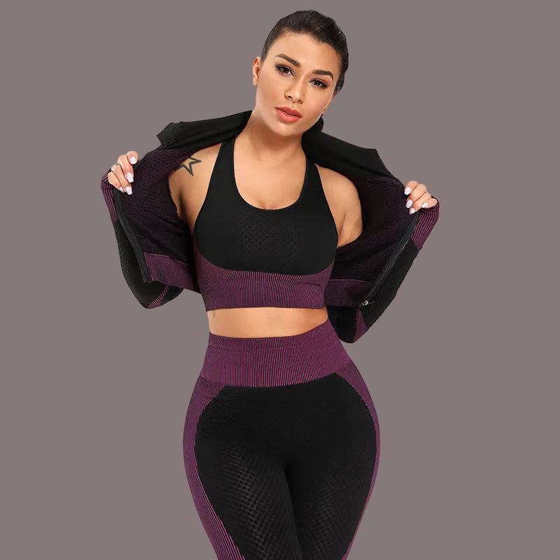 Black and purple women’s 3 piece workout set with leggings sports bra and jacket