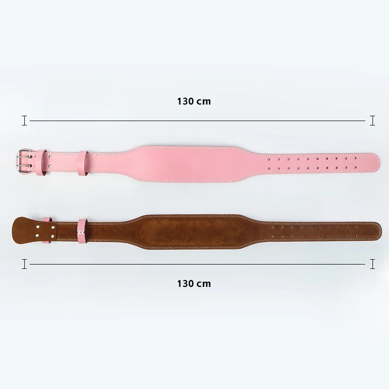 Pink leather weightlifting belt showing exterior pink finish and interior brown leather lining, top and bottom view