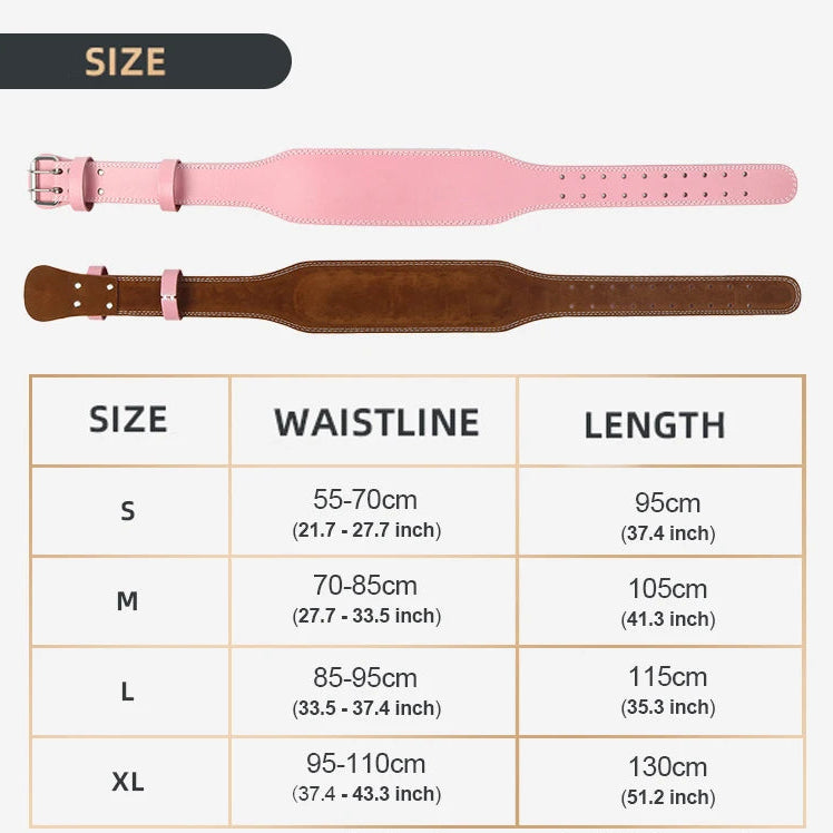 Women's weightlifting belt size chart showing waist measurements and belt dimensions