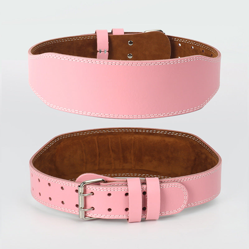 Pink leather weightlifting belt with double prong buckle, front and back view