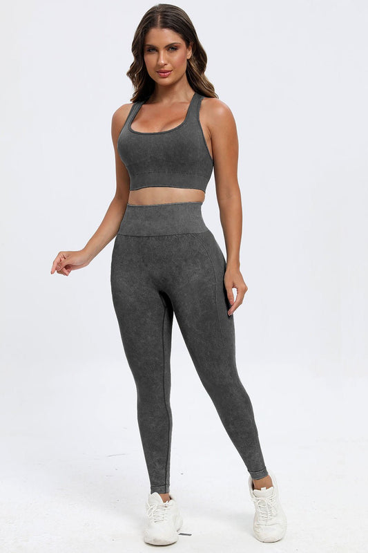 3 - Piece Washed Square Neck Wide Strap Activewear Set - TNT Fitness Gear