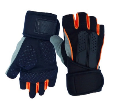 Pair of weight lifting gloves with wrist support for gym training by TNT Fitness Gear with black and orange design on a white background