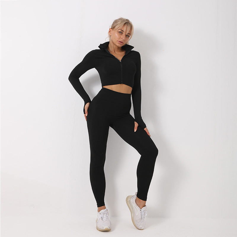 black women’s matching workout set with sports bra leggings and jacket