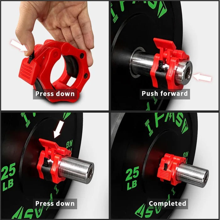 Step-by-step guide on how to use a red Barbell quick buckle clamp for 2-inch Olympic bars, with text instructions.