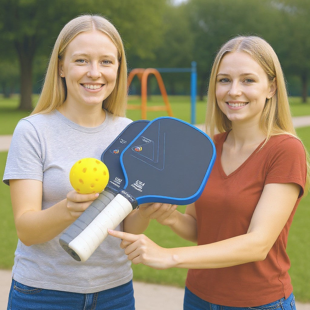 Two women holding a Professional pickleball paddle with carbon fiber face and ergonomic grip