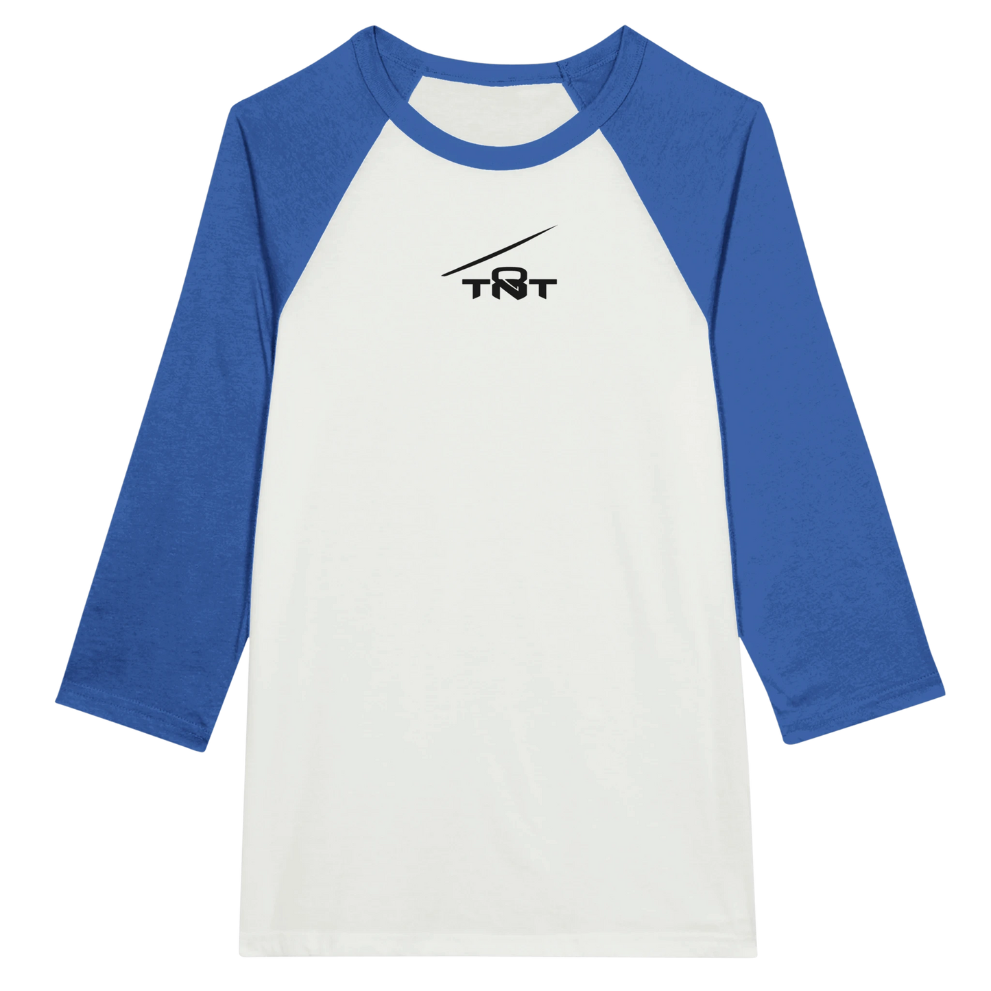 Royal Blue and white TNT Performance Raglan Training Shirt with 3/4 sleeves and black TNT tension line logo on a white background