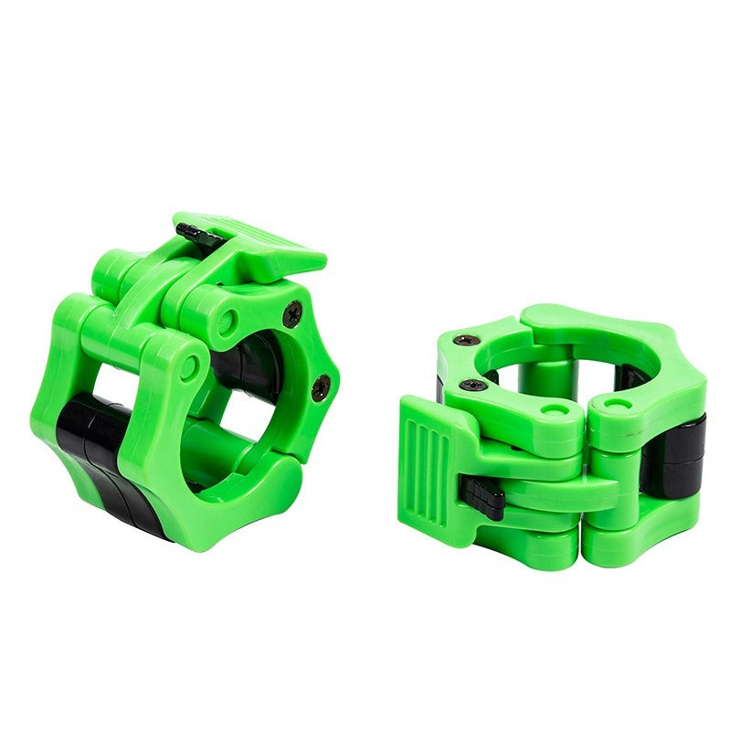 Two green Olympic barbell lock clamps for 2 inch weightlifting bars – TNT Fitness Gear on a white background