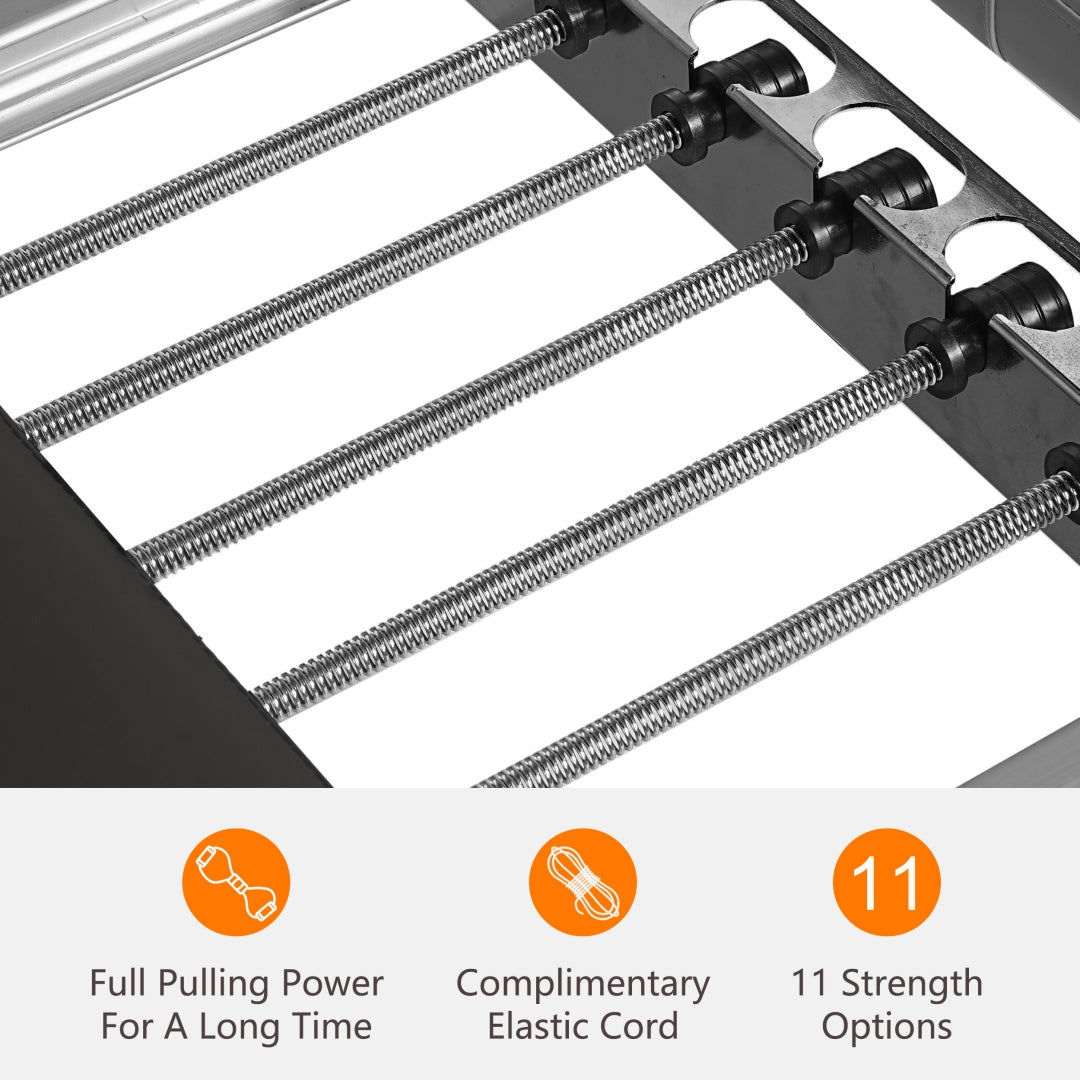 Metallic spring mechanism with text indicating features on a white background- TNT Fitness Gear