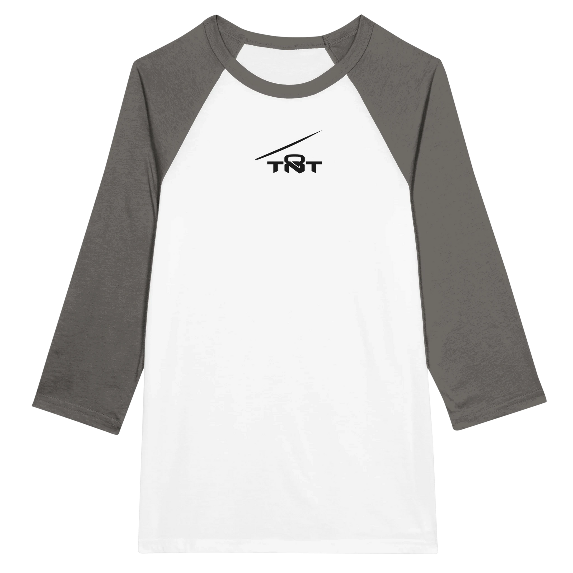 Gray and white TNT Performance Raglan Training Shirt with 3/4 sleeves and black TNT tension line logo on a white background