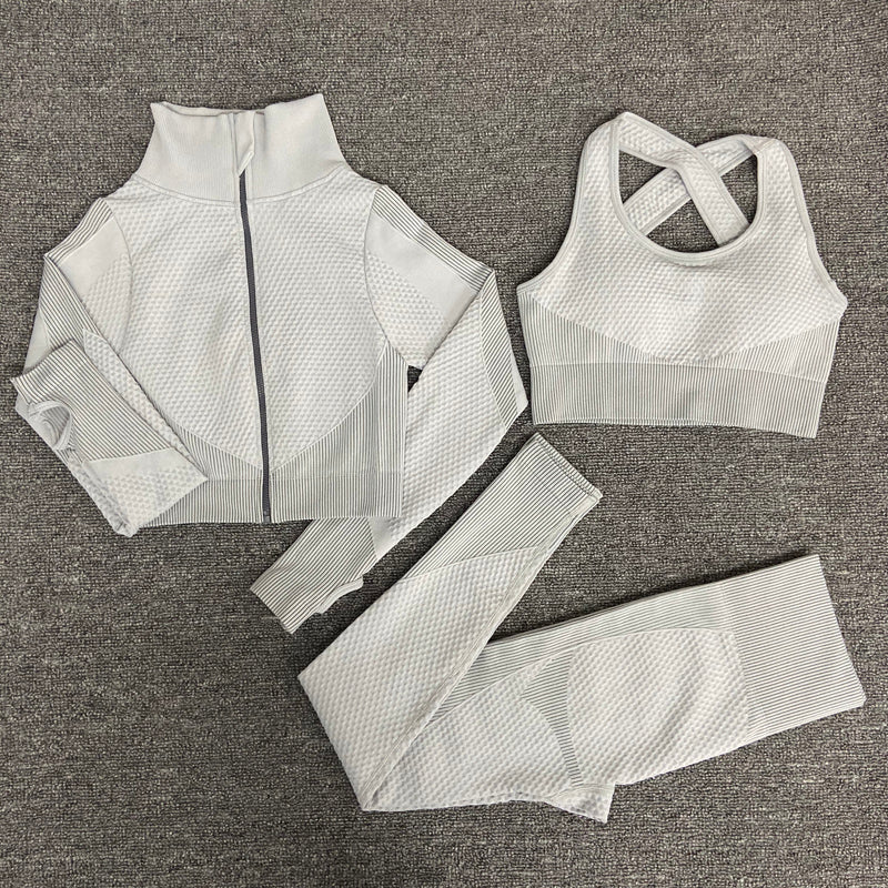White women’s workout set with stretch fabric