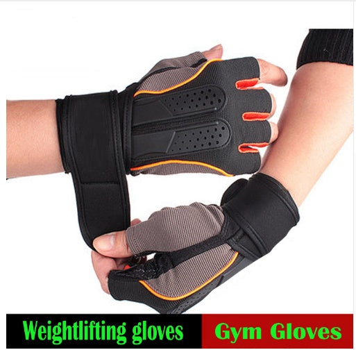 Pair of weight lifting gloves with wrist support for gym training by TNT Fitness Gear with text labels on a white background