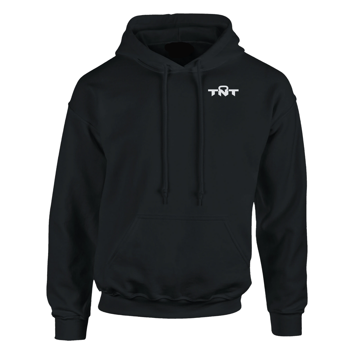 Black TNT Fitness Gear classic unisex training hoodie with white left-chest logo, drawstring hood and kangaroo pocket.