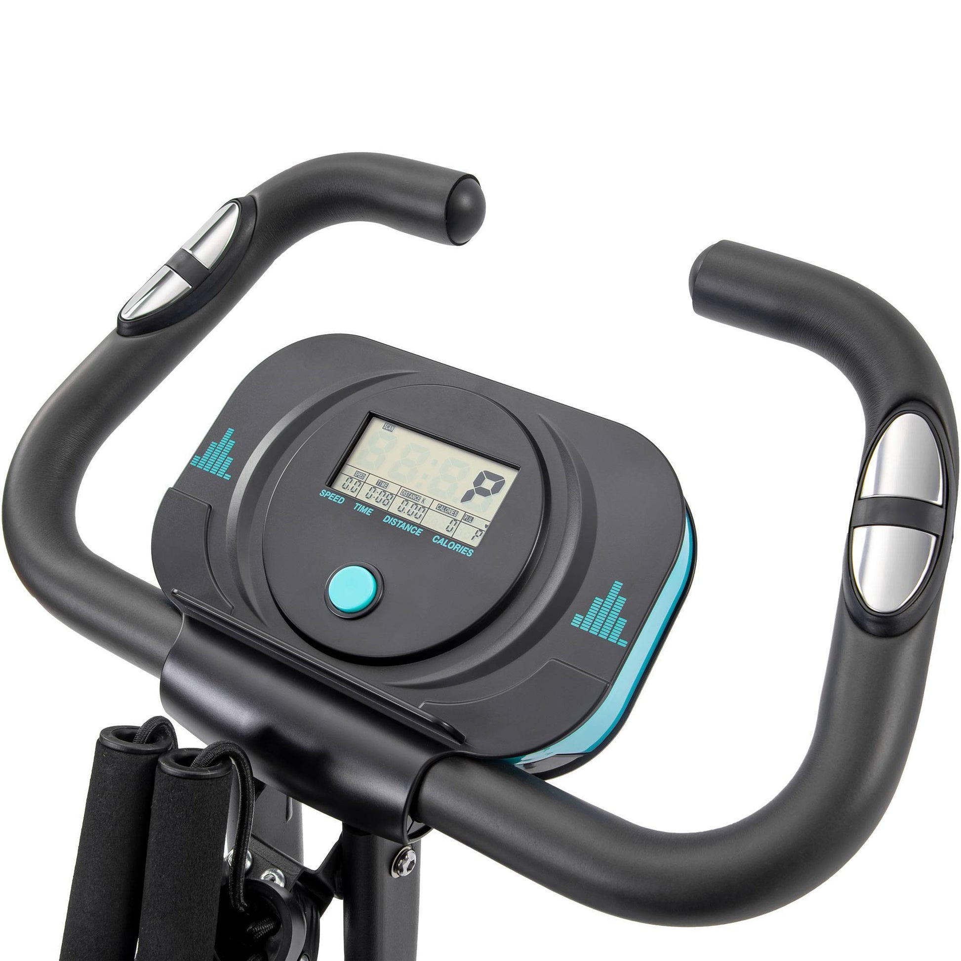 Turquoise and black Folding exercise bike with LCD display, arm bands, and adjustable resistance – upright and recumbent modes