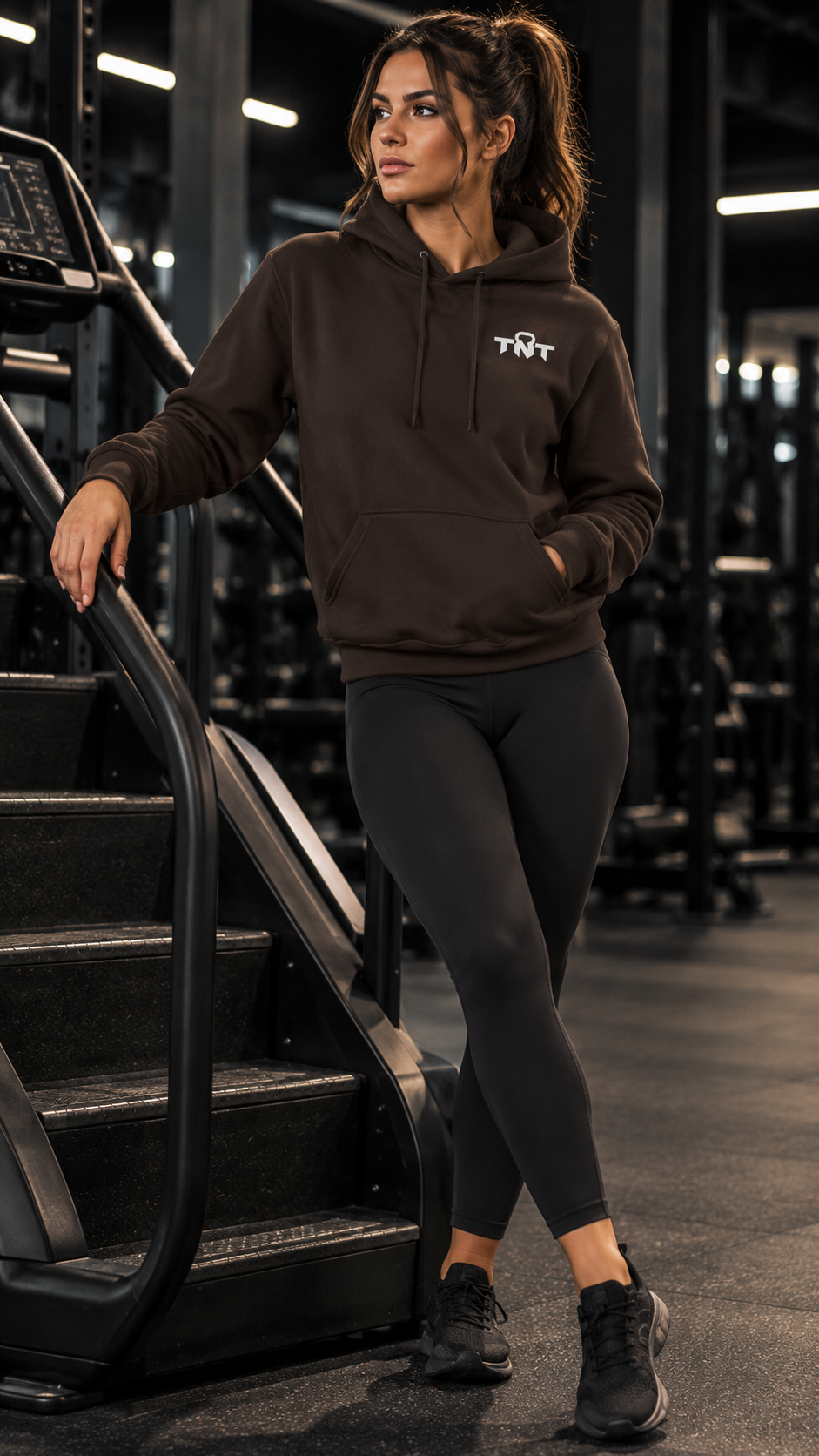 Female fitness model wearing dark chocolate TNT Fitness Gear training hoodie with black leggings beside a StairMaster in a gym.