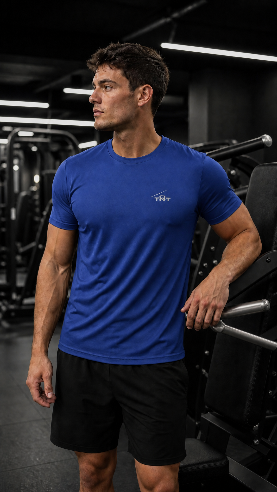 Athletic male model wearing the TNT Fitness Gear Core Performance Tee in True Royal blue lightweight performance fabric inside a premium gym environment