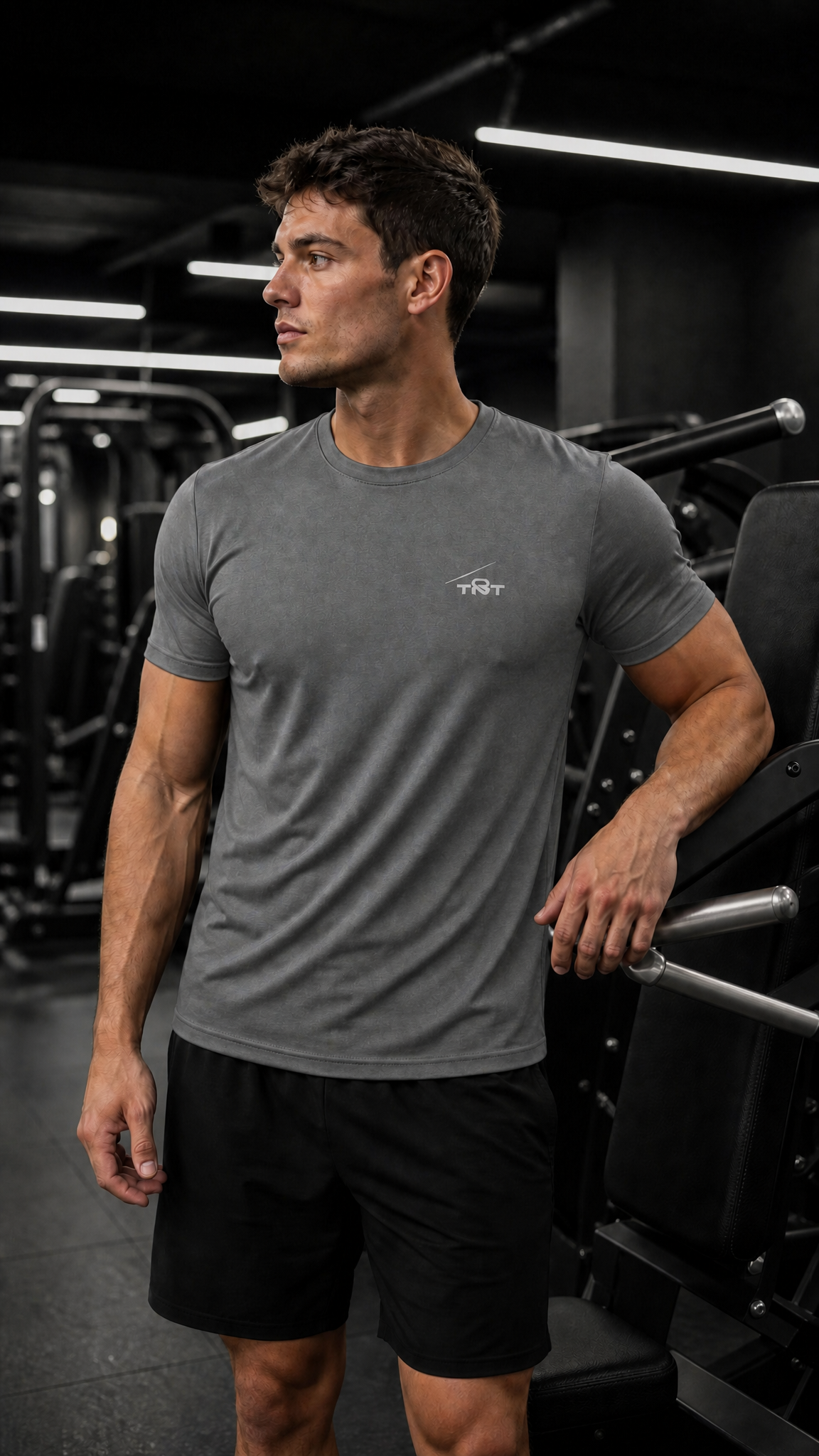 Athletic male model wearing the TNT Fitness Gear Core Performance Tee in Iron Grey Heather performance fabric inside a modern gym
