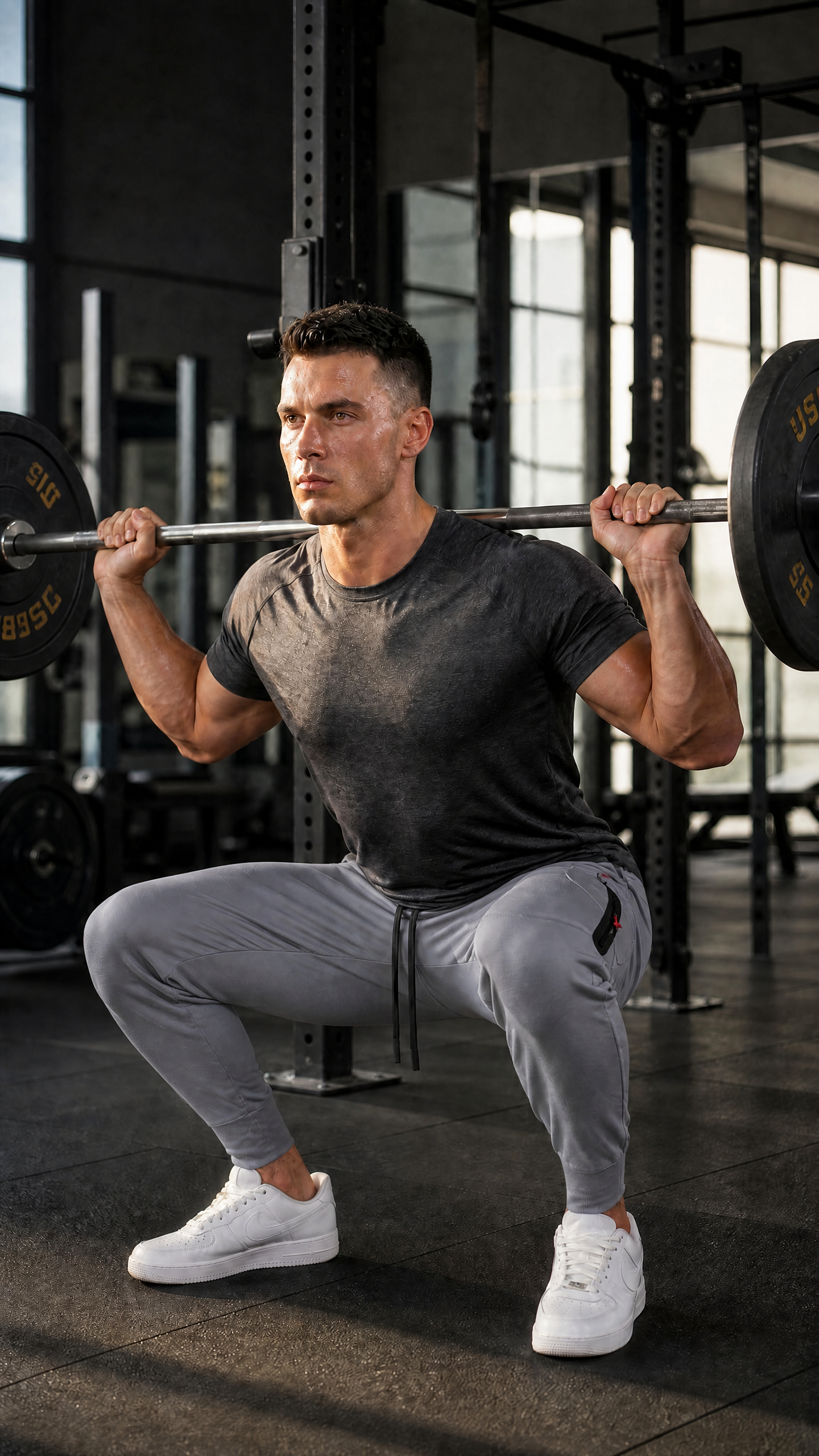 A man wearing the men’s  performance joggers, slim fit gym training pants, lifting weights in a gym setting