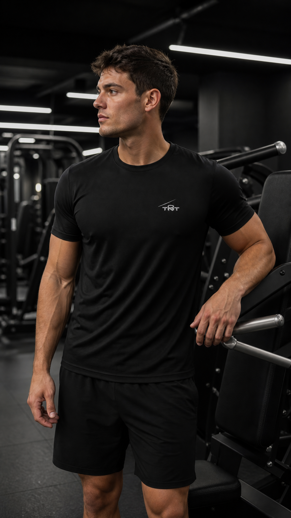 Athletic male model wearing the TNT Fitness Gear Core Performance Tee in black inside a modern luxury gym environment