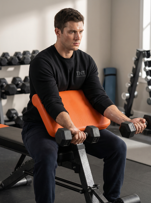 Adjustable workout bench with preacher curl and Roman chair used for full-body strength training