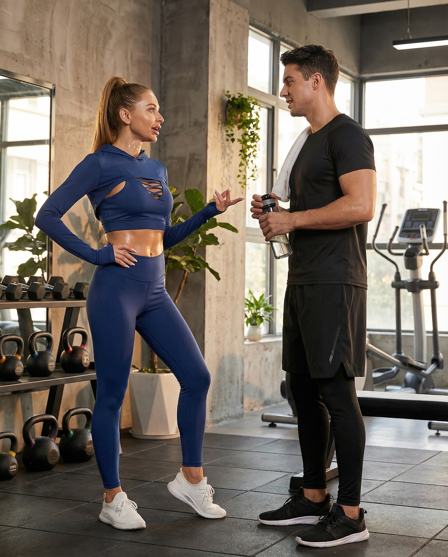 Woman wearing seamless training set with leggings and crop top during workout
