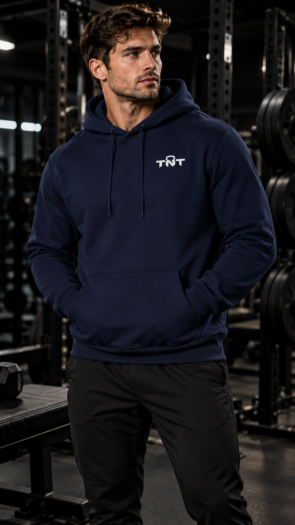 Male fitness model wearing navy blue TNT Fitness Gear training hoodie with white chest logo in a dark weightlifting gym.