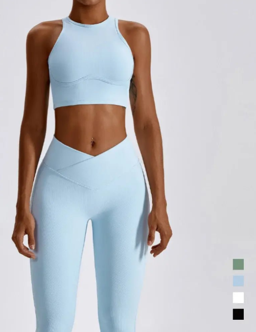 Women wearing a 2-piece contour training set designed for workouts and active movement