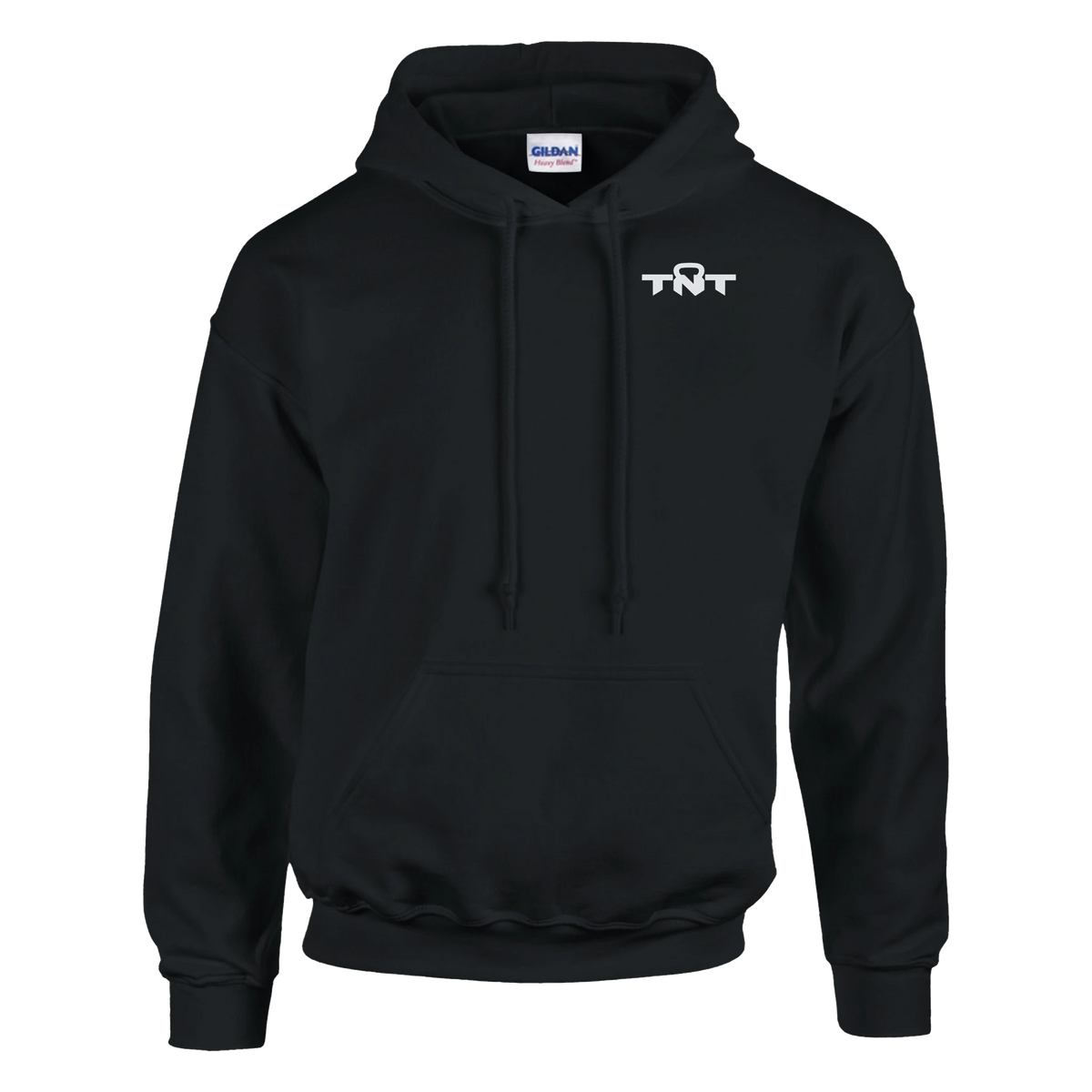 Front view of Black TNT Fitness Gear Classic Unisex Training Hoodie with white left-chest logo