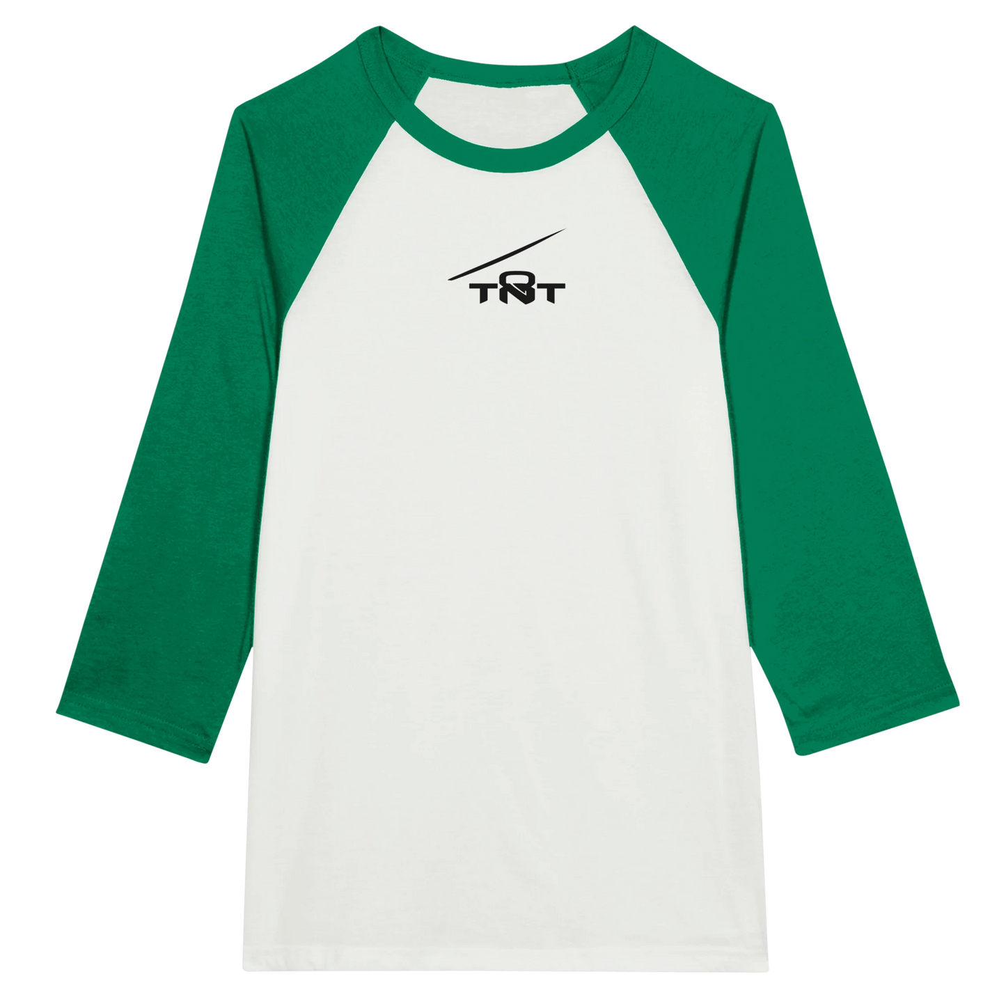 Green and white TNT Performance Raglan Training Shirt with 3/4 sleeves and black TNT tension line logo on a white background