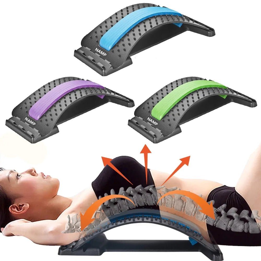 Back massage stretcher designed for lower back relief and improved posture. Made from durable ABS plastic and rubber, it features adjustable settings for a personalized massage experience. Lightweight and portable, perfect for use at home, the office, or on the go. Suitable for easing muscle tightness and promoting relaxation - TNT Fitness Gear