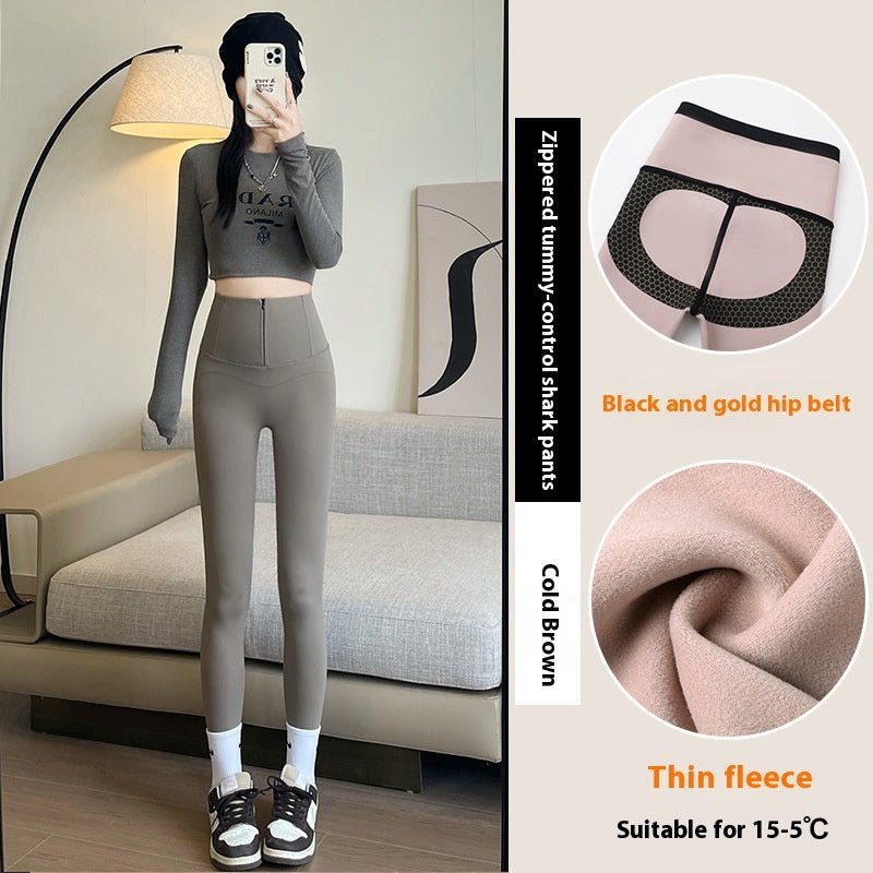 Belly - controlling Butt Lifting Leggings With Three - breasted Design Winter High Waist Slim Zippere Pants Warm Velvet And Thickened Trousers Women Clothing - TNT Fitness