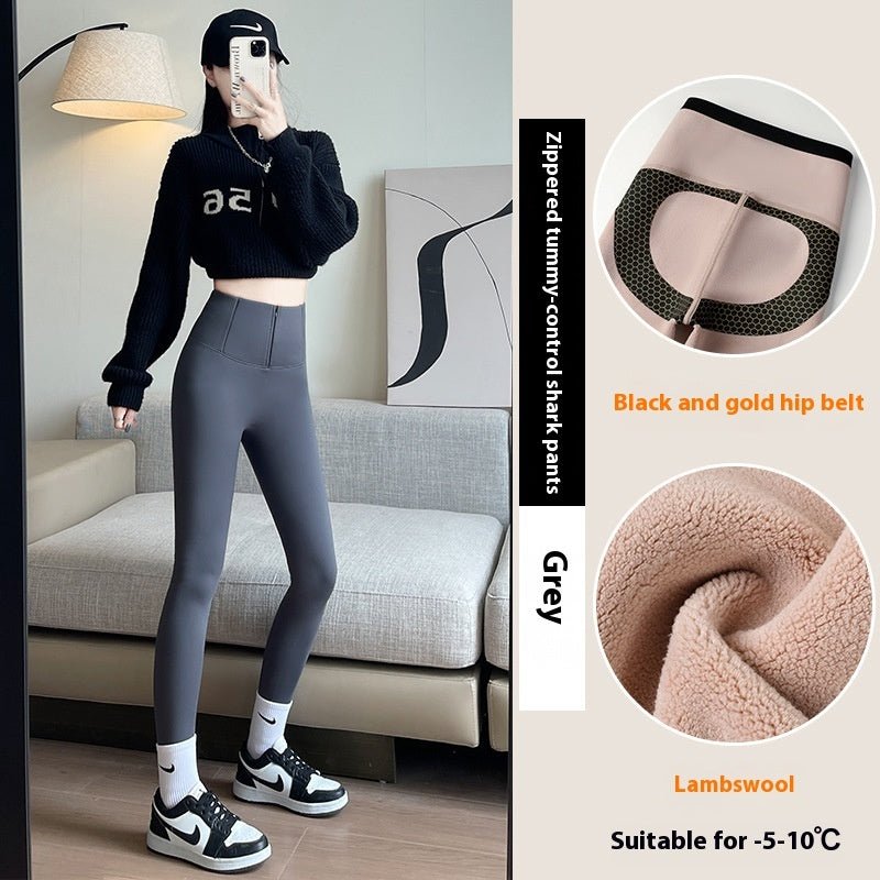 Belly - controlling Butt Lifting Leggings With Three - breasted Design Winter High Waist Slim Zippere Pants Warm Velvet And Thickened Trousers Women Clothing - TNT Fitness