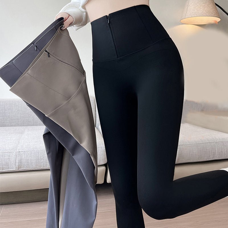 Belly - controlling Butt Lifting Leggings With Three - breasted Design Winter High Waist Slim Zippere Pants Warm Velvet And Thickened Trousers Women Clothing - TNT Fitness