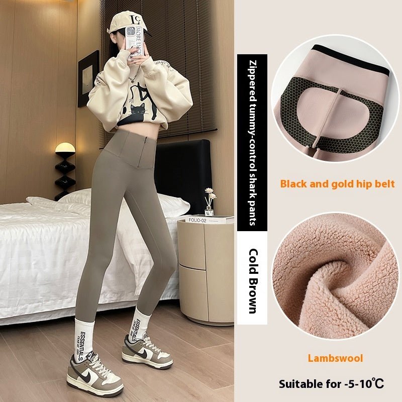 Belly - controlling Butt Lifting Leggings With Three - breasted Design Winter High Waist Slim Zippere Pants Warm Velvet And Thickened Trousers Women Clothing - TNT Fitness