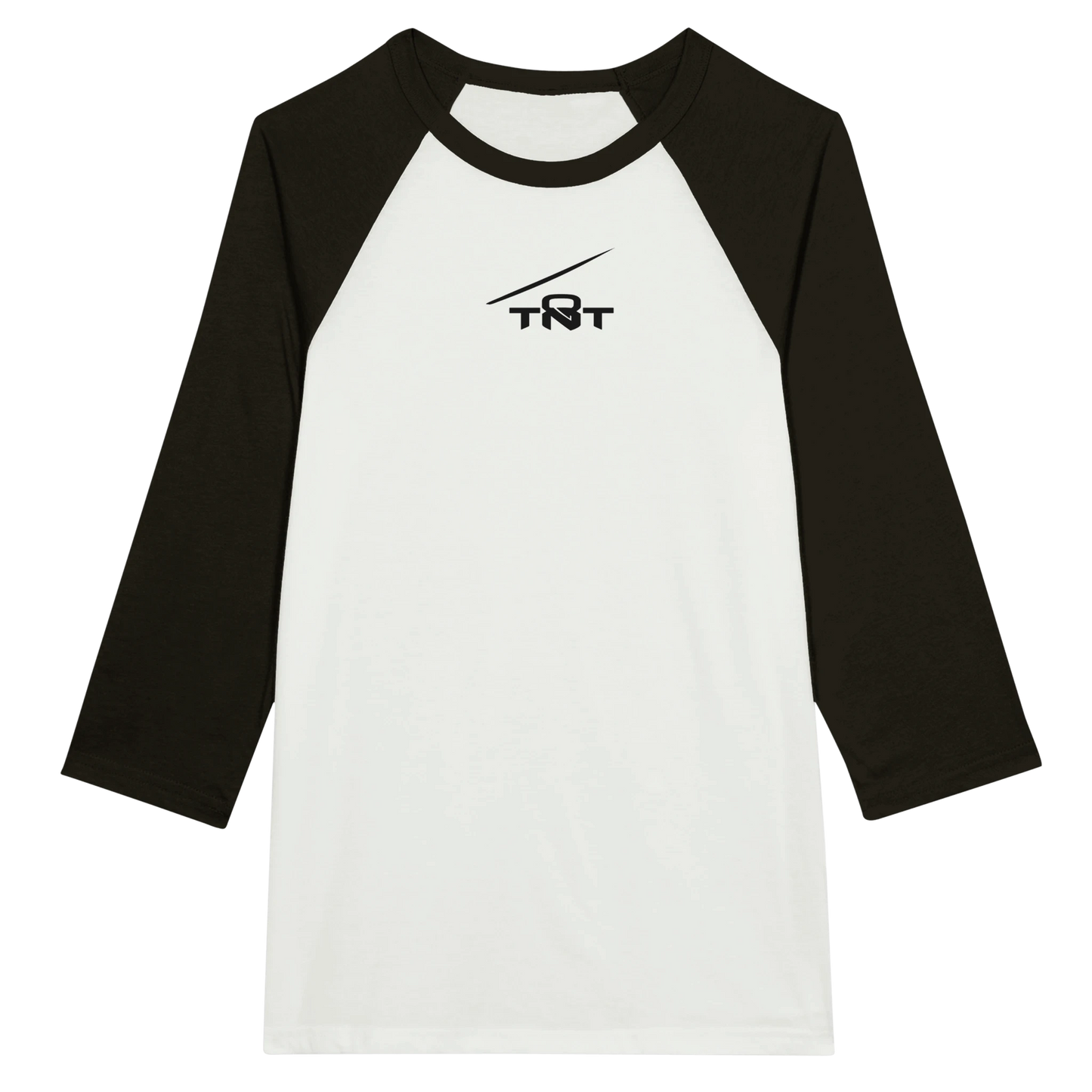 Black and white TNT Performance Raglan Training Shirt with 3/4 sleeves and black TNT tension line logo on a white background