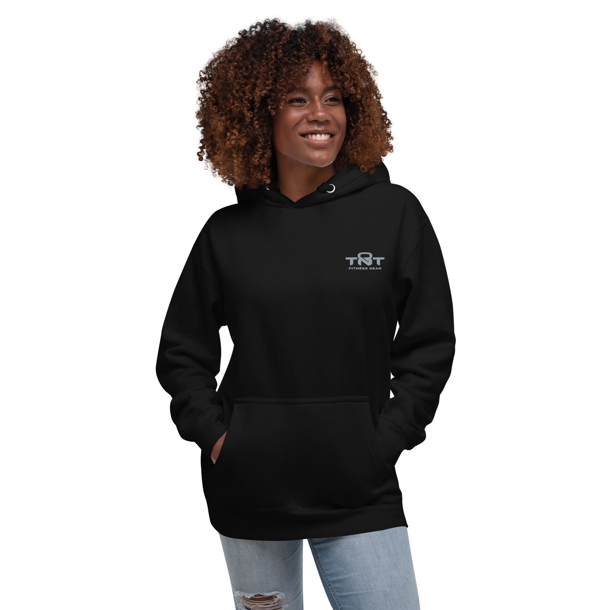 Black unisex TNT Fitness Gear hoodie with minimalist chest logo, front pouch pocket, and athletic fit for gym and lifestyle wear.