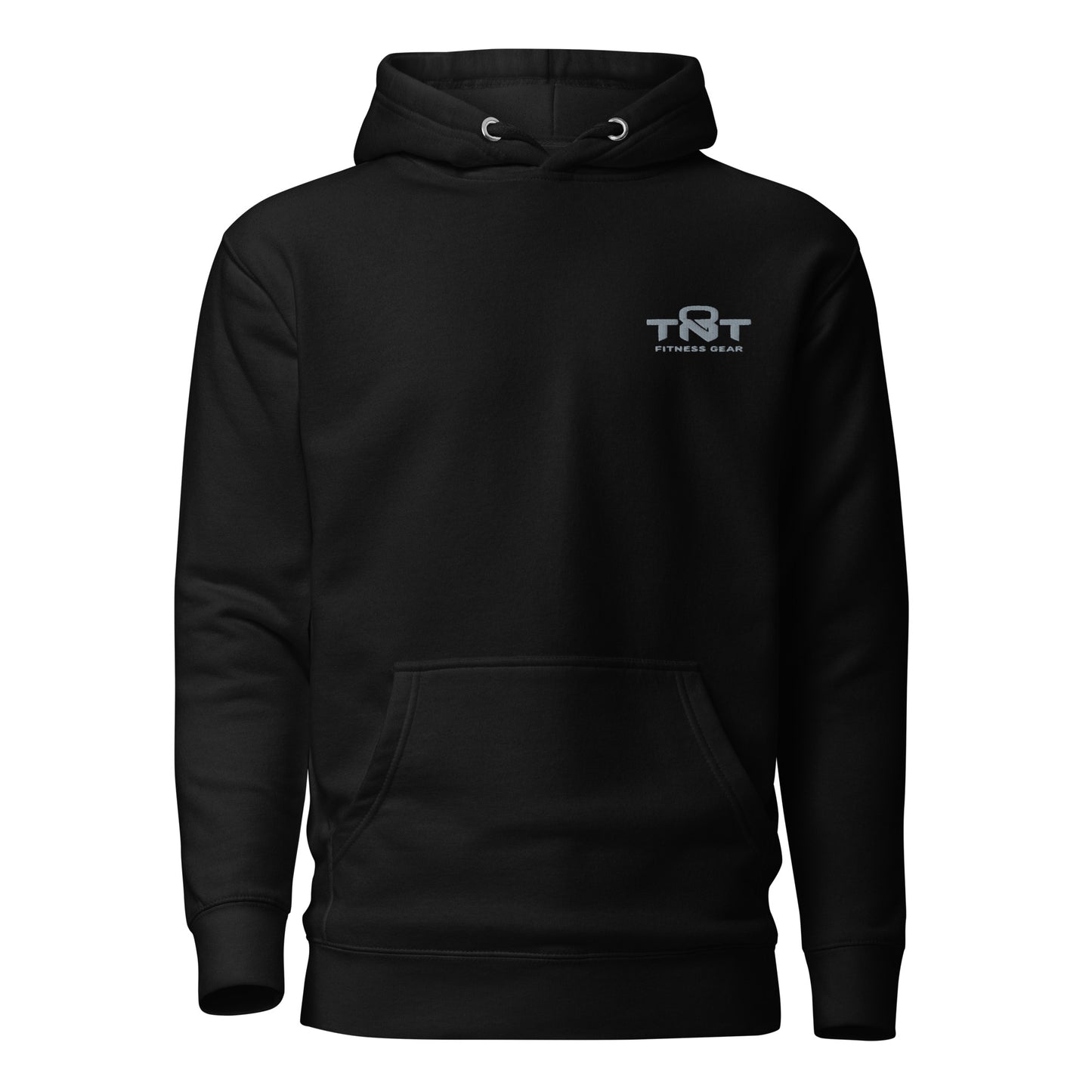 Black unisex TNT Fitness Gear hoodie with minimalist chest logo, front pouch pocket, and athletic fit for gym and lifestyle wear.