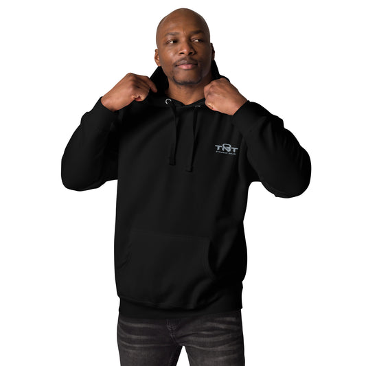 Black unisex TNT Fitness Gear hoodie with minimalist chest logo, front pouch pocket, and athletic fit for gym and lifestyle wear.