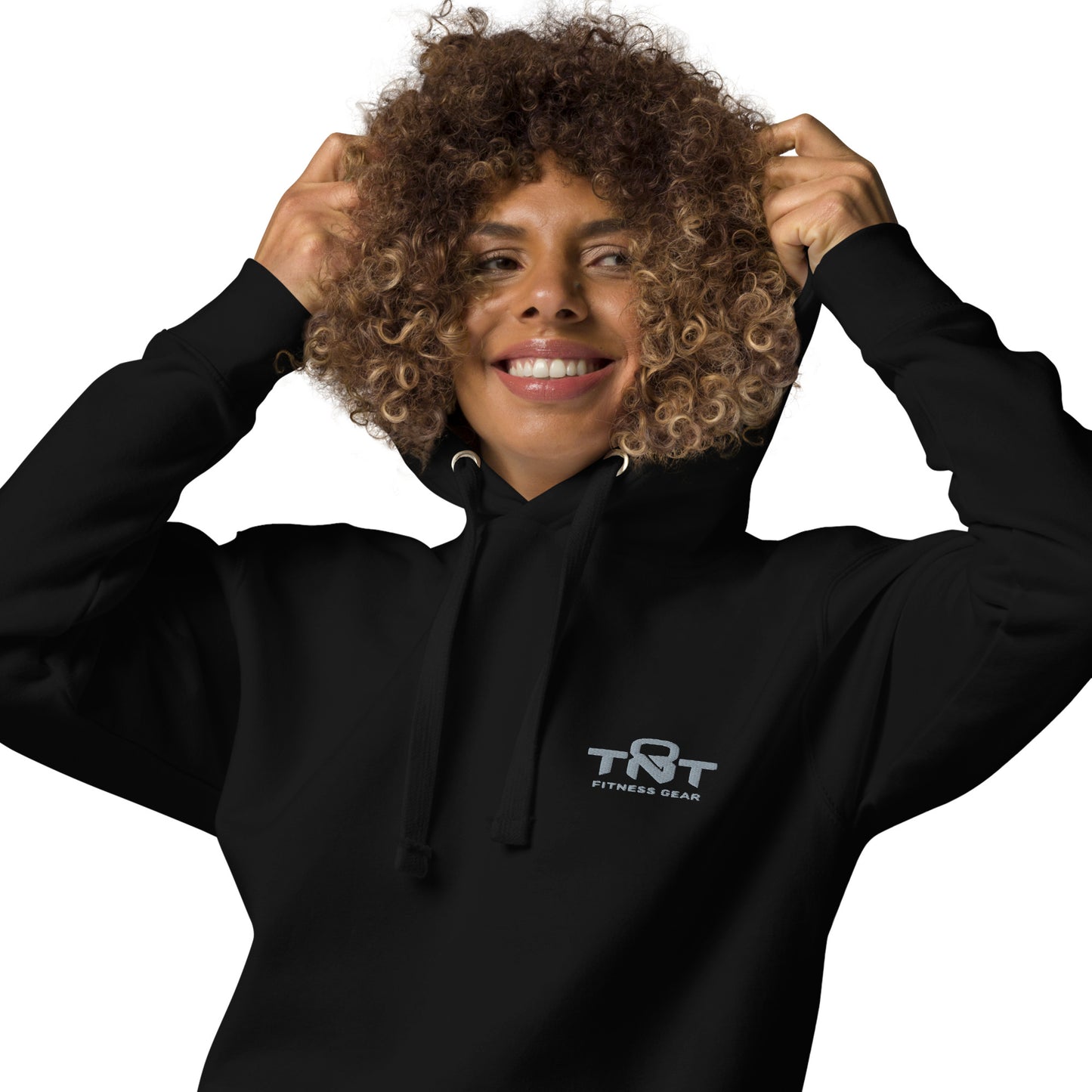 Black unisex TNT Fitness Gear hoodie with minimalist chest logo, front pouch pocket, and athletic fit for gym and lifestyle wear.