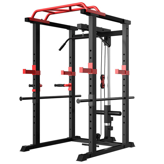 Power cage squat rack with pull-up bar used for strength training in a home gym