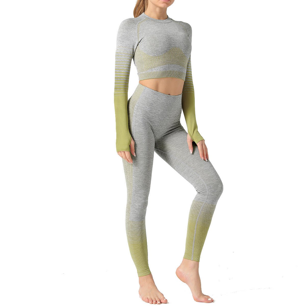Women wearing a seamless long sleeve training set designed for workouts and active movement