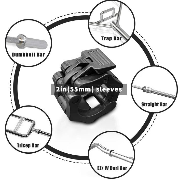 Black barbell quick buckle clamp for 2-inch Olympic bars, with various bar attachments on a white background