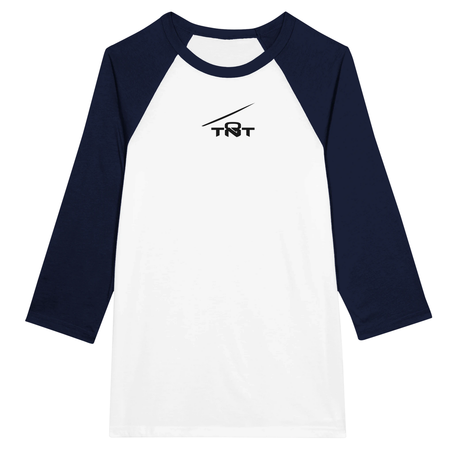 Navy and white TNT Performance Raglan Training Shirt with 3/4 sleeves and black TNT tension line logo on a white background